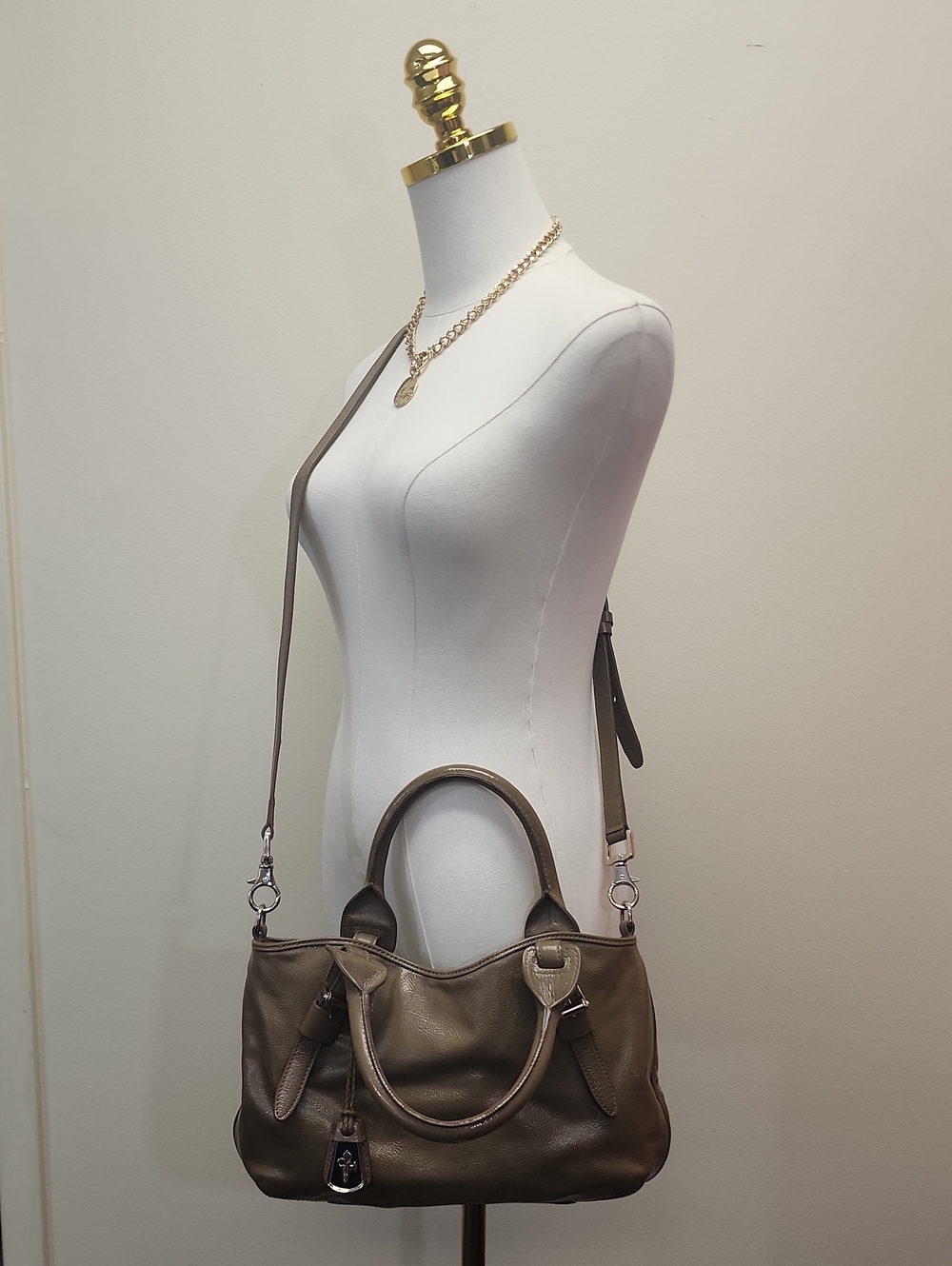 Cole Haan Pebbleed Taupe  Leather Satchel Crossbody Shoulder Bag